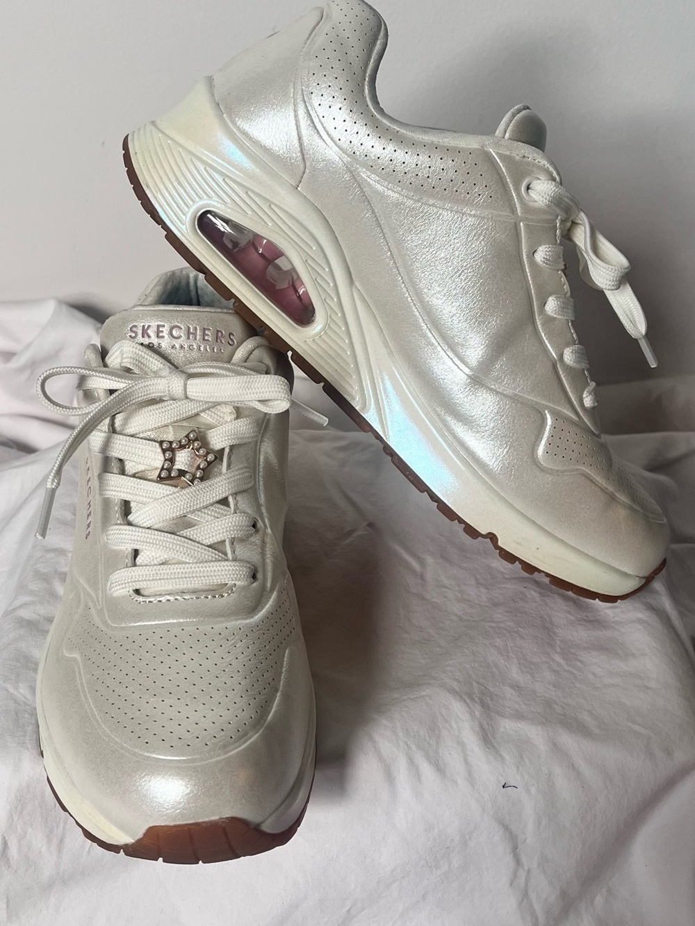 Skechers Street Uno Star Struck Pearlescent White Sneakers Lace Charms 10